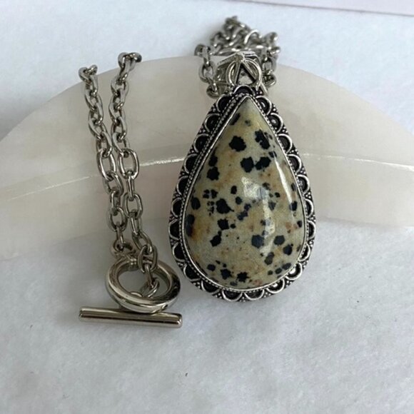 Artisan Silver Plated Bezel Set 2.46" Teardrop Dalmatian Jasper Pendant Necklace - Picture 4 of 16